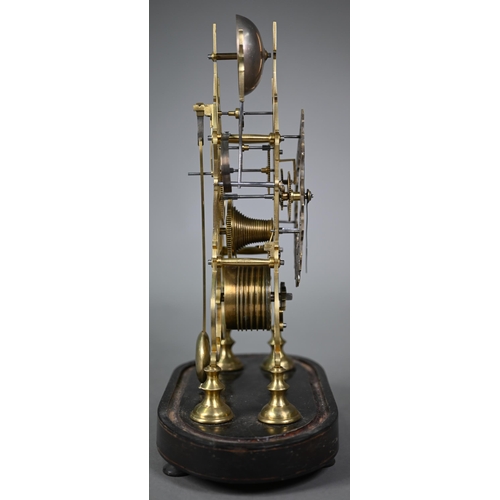 894 - A brass skeleton clock, the single fusee movement with silvered dial raised on an ebonised plinth un... 