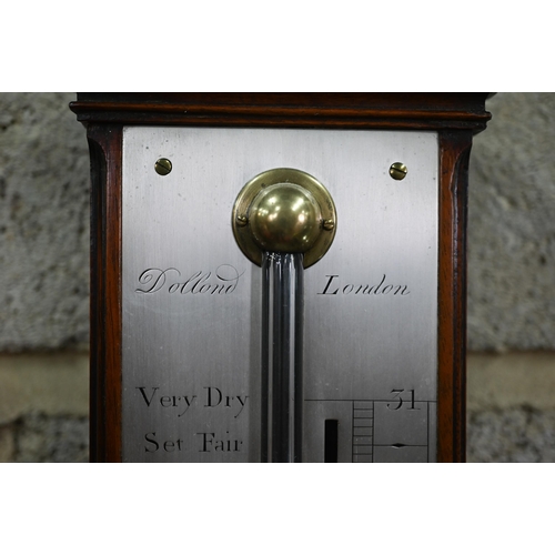 895 - Dollond, London, a 19th century mahogany stick barometer, the broken arched pediment centred by a br... 