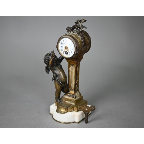 896 - A small French gilt brass brass cherub and dove mounted 8-day mantel clock, the drum movement with g... 