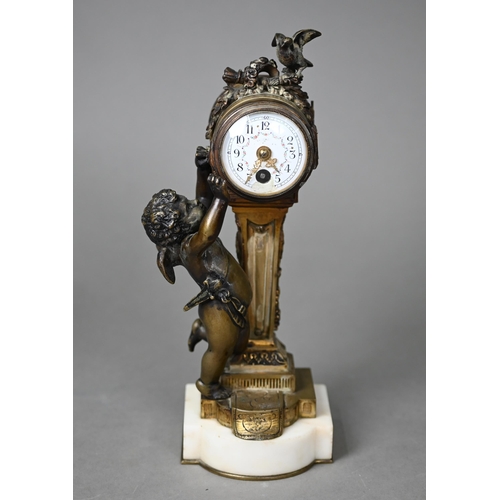 896 - A small French gilt brass brass cherub and dove mounted 8-day mantel clock, the drum movement with g... 