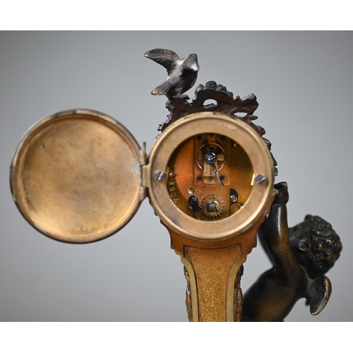 896 - A small French gilt brass brass cherub and dove mounted 8-day mantel clock, the drum movement with g... 