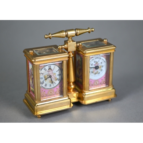 897 - A traditional French lacquered brass carriage clock and barometer pair, with transfer printed pink p... 