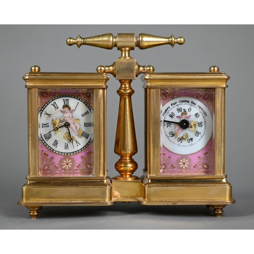 897 - A traditional French lacquered brass carriage clock and barometer pair, with transfer printed pink p... 