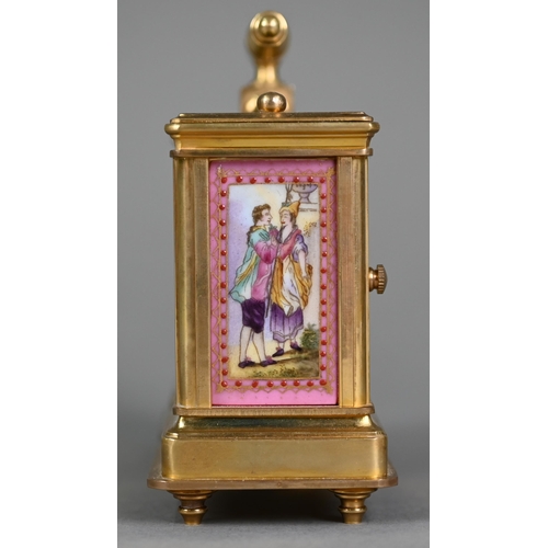 897 - A traditional French lacquered brass carriage clock and barometer pair, with transfer printed pink p... 