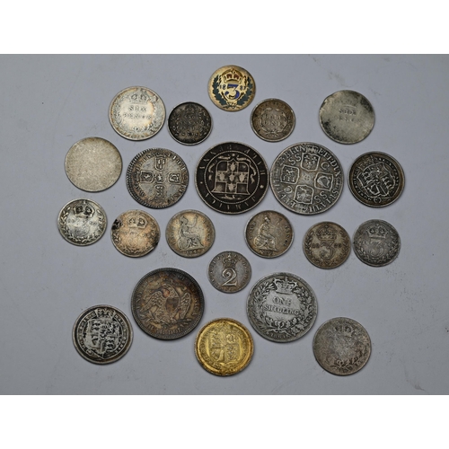 948 - A 1723 shilling, F, to/w a 1697 sixpence, VF, 1800 Maundy 2d, EF and other silver coinage, including... 