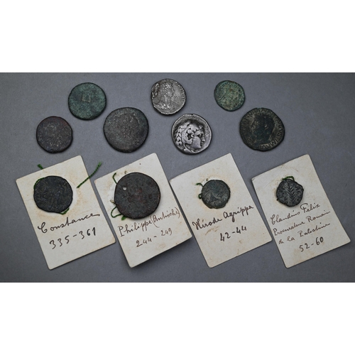 950 - Various ancient Greek and Roman coins, inc silver tetradrachm, denarius (possibly Nero), two Judean ... 