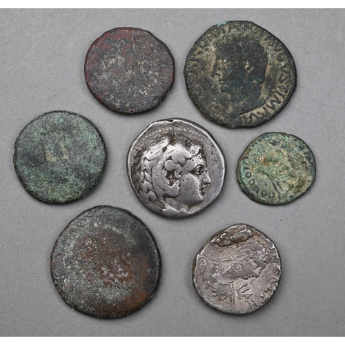 950 - Various ancient Greek and Roman coins, inc silver tetradrachm, denarius (possibly Nero), two Judean ... 