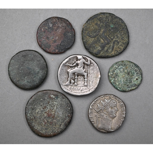 950 - Various ancient Greek and Roman coins, inc silver tetradrachm, denarius (possibly Nero), two Judean ... 