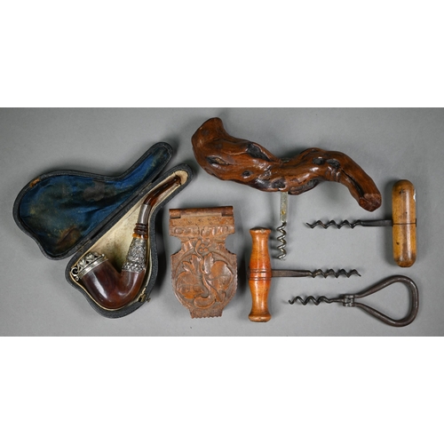 951 - A 19th century cased continental briar pipe with white metal mounts and amber stem, to/w an EP chate... 