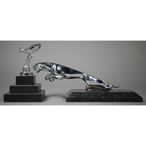 952 - A chrome Jaguar car mascot, 19cm long and a small 'Spirit of Ecstasy' mascot 7cm - both on stone pli... 