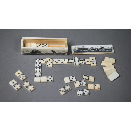 958 - A scrimshaw dominoes box decorated with whaling scenes containing a set of dominoes to/w a Chinese e... 