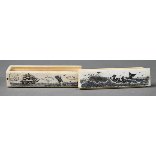 958 - A scrimshaw dominoes box decorated with whaling scenes containing a set of dominoes to/w a Chinese e... 