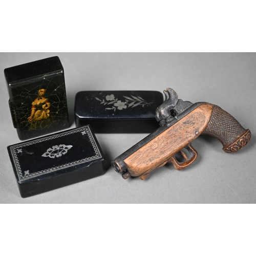 963 - An antique novelty carved wood snuff box in the form of a double-barrelled pistol, to/w three papier... 