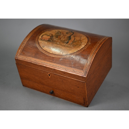 974 - A 19th century dome top inlaid and oval transfer printed work box, with drawer below, 28 cm x 27 cm ... 