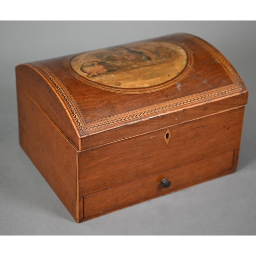 974 - A 19th century dome top inlaid and oval transfer printed work box, with drawer below, 28 cm x 27 cm ... 