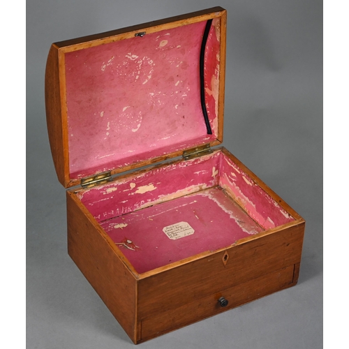 974 - A 19th century dome top inlaid and oval transfer printed work box, with drawer below, 28 cm x 27 cm ... 