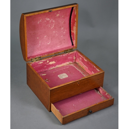 974 - A 19th century dome top inlaid and oval transfer printed work box, with drawer below, 28 cm x 27 cm ... 