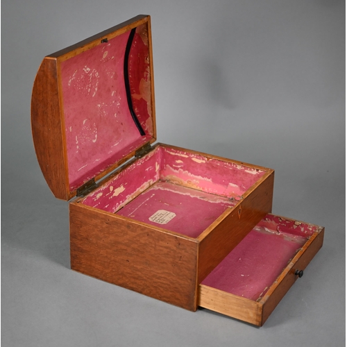 974 - A 19th century dome top inlaid and oval transfer printed work box, with drawer below, 28 cm x 27 cm ... 