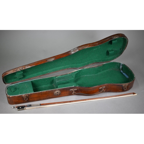 976 - A violin bow stamped 'Dodd', 73 cm long, to/w an antique wooden violin case