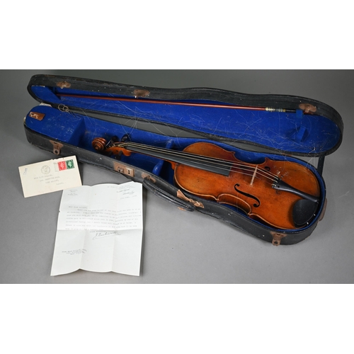 978 - An antique violin with 36 cm two-piece flame back, ascribed in accompanying 1938 letter as a 'genuin... 