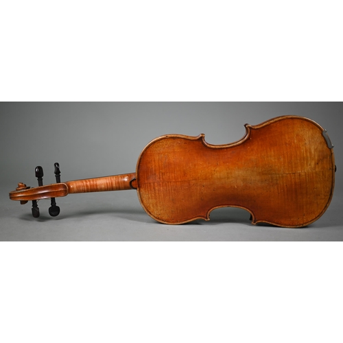 978 - An antique violin with 36 cm two-piece flame back, ascribed in accompanying 1938 letter as a 'genuin... 