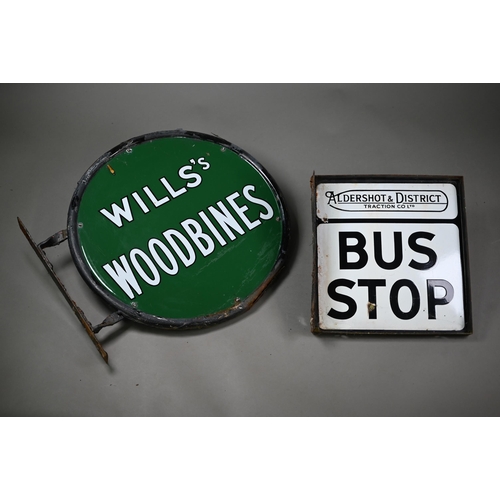 983 - A vintage enamel two-sided shop advertising sign, 'Wills's Woodbines', 45 cm, to/w an Aldershot &... 