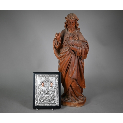 984 - An antique carved wood figure of Christ with lamb, 61 cm, to/w a Greek icon with embossed front stam... 