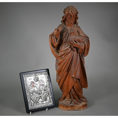 984 - An antique carved wood figure of Christ with lamb, 61 cm, to/w a Greek icon with embossed front stam... 