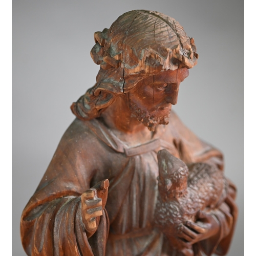 984 - An antique carved wood figure of Christ with lamb, 61 cm, to/w a Greek icon with embossed front stam... 