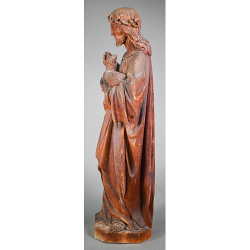 984 - An antique carved wood figure of Christ with lamb, 61 cm, to/w a Greek icon with embossed front stam... 