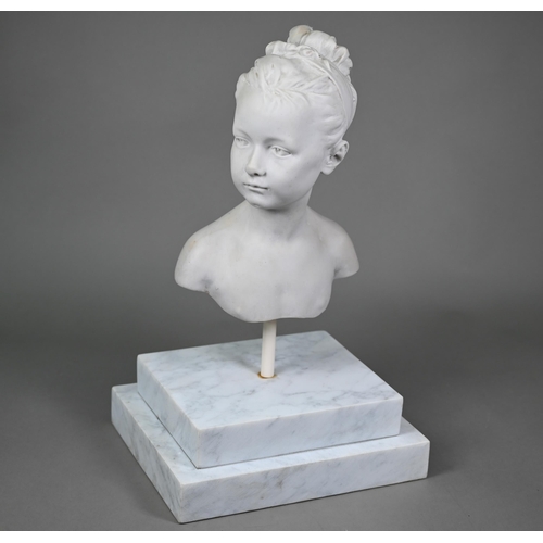 989 - A reconstituted marble bust of a young girl, on stepped marble plinth, 50 cm high