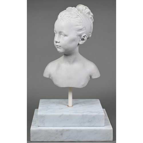 989 - A reconstituted marble bust of a young girl, on stepped marble plinth, 50 cm high