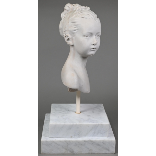 989 - A reconstituted marble bust of a young girl, on stepped marble plinth, 50 cm high