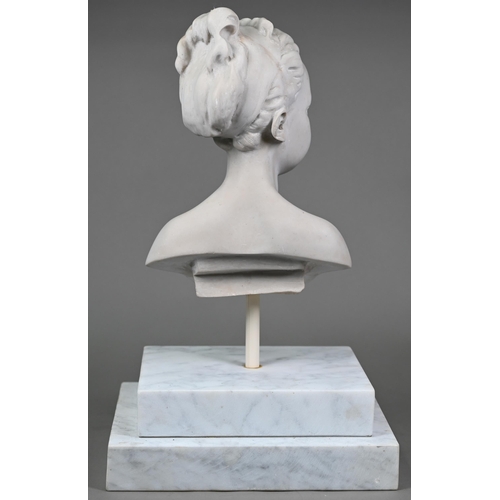 989 - A reconstituted marble bust of a young girl, on stepped marble plinth, 50 cm high