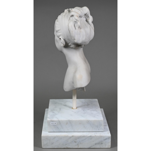 989 - A reconstituted marble bust of a young girl, on stepped marble plinth, 50 cm high