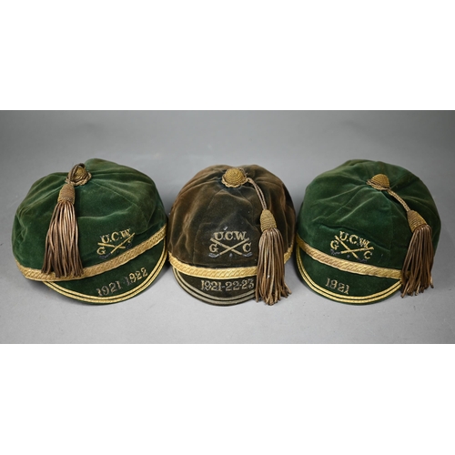 1023A - Three antique green velvet golf club caps with gilt trim and bullion tassels, embroidered U.C.W.G.C.... 