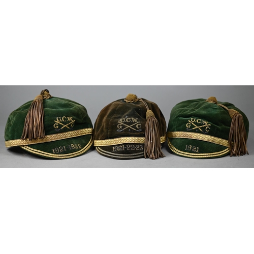 1023A - Three antique green velvet golf club caps with gilt trim and bullion tassels, embroidered U.C.W.G.C.... 