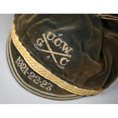 1023A - Three antique green velvet golf club caps with gilt trim and bullion tassels, embroidered U.C.W.G.C.... 