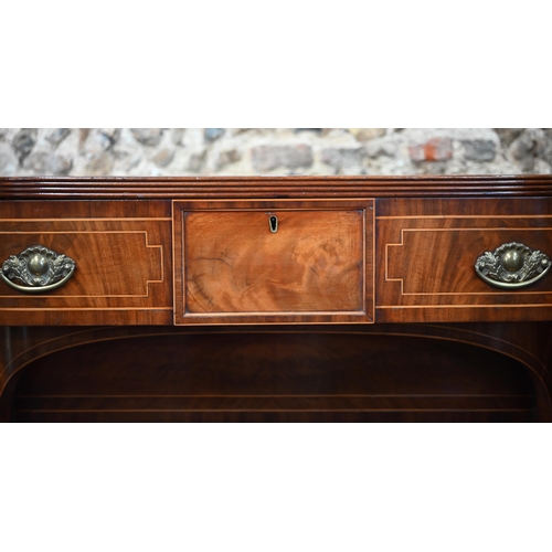 817 - An inlaid Regency inlaid mahogany sideboard, centred by a bow-fronted drawer over a recessed arched ... 