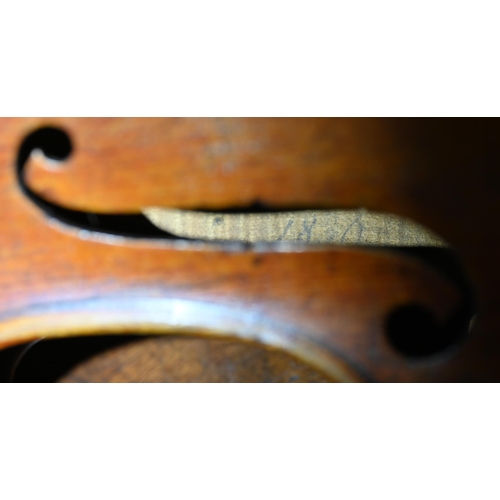 978 - An antique violin with 36 cm two-piece flame back, ascribed in accompanying 1938 letter as a 'genuin... 