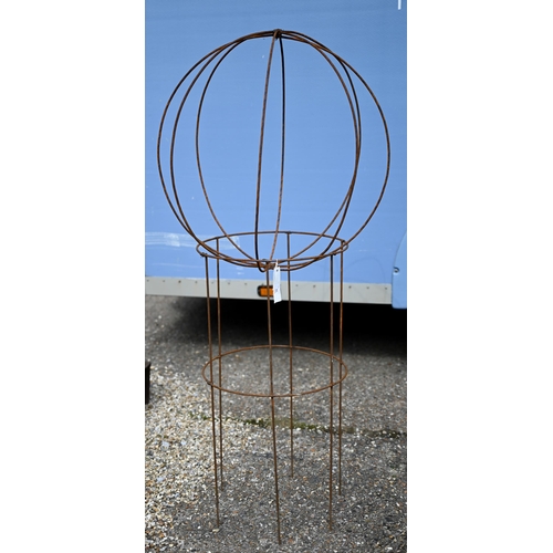 19 - A weathered steel ball on stand sweet pea frame, approx. 140 cm high