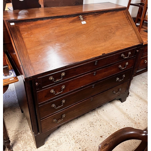 166 - A George III mahogany bureau, the slope enclosing a part fitted interior and tooled green leather su... 