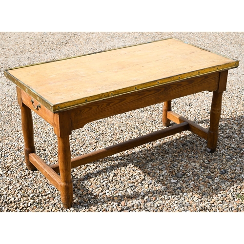 243 - A Victorian pine scullery table with brass mounted overlaid top and drawer to each end, raised on tu... 