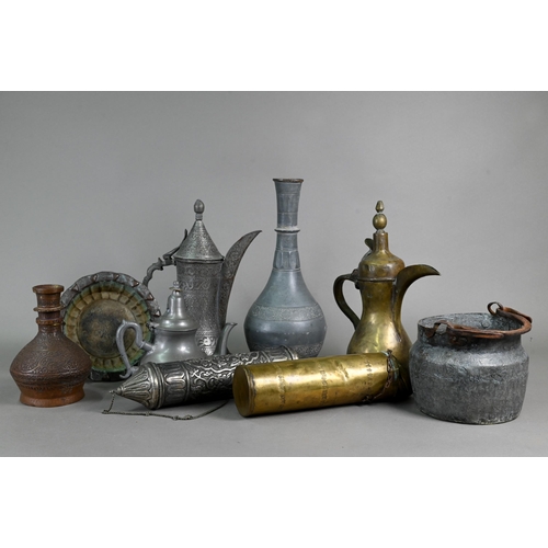 432 - A collection of Asian Middle-Eastern metal wares including a white metal embossed scroll/document ho... 