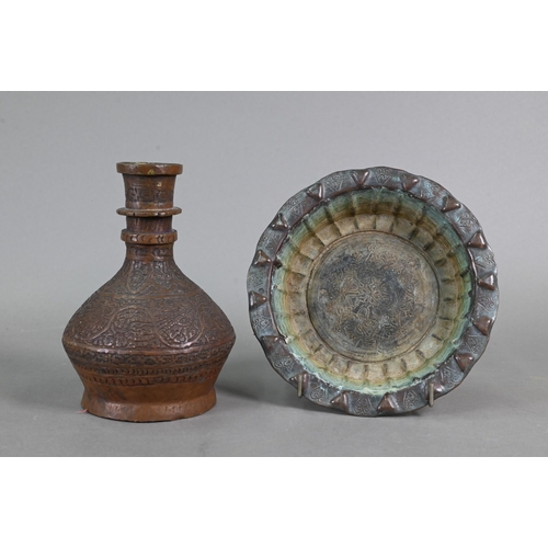 432 - A collection of Asian Middle-Eastern metal wares including a white metal embossed scroll/document ho... 