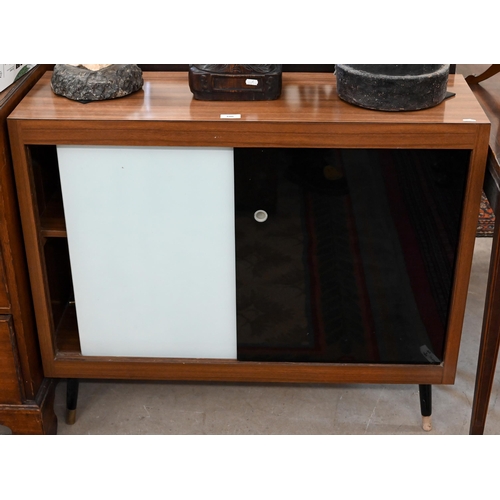 100 - # A mid-century cabinet with black and white glass sliding doors, 92 x 30 x 78 cm high