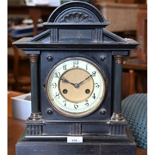 120 - Two late 19th century architectural ebonised mantle clocks to/w a 1930s triple train clock (3)