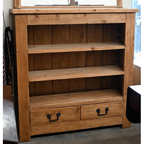 134 - A modern rustic pine open bookcase with adjustable shelves and two drawers, 120 x 36 x 122 cm high