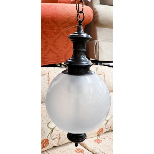 139 - A large Parisian style globe pendant ceiling light, frosted glass shade, with chain suspension, appr... 