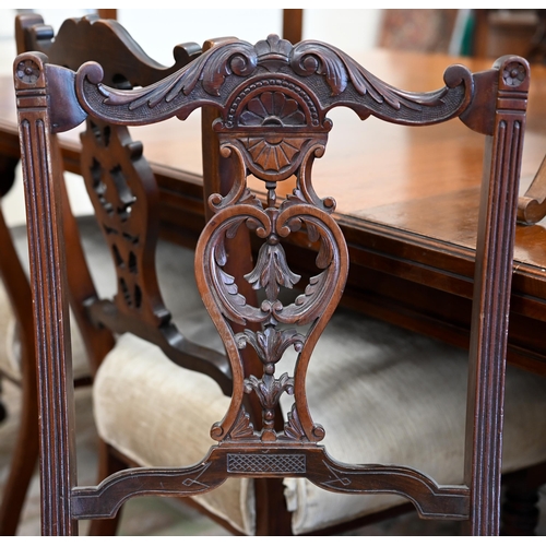 144 - A set of Edwardian mahogany side chairs by Heals with champagne chenile overstuffed seats on turned ... 